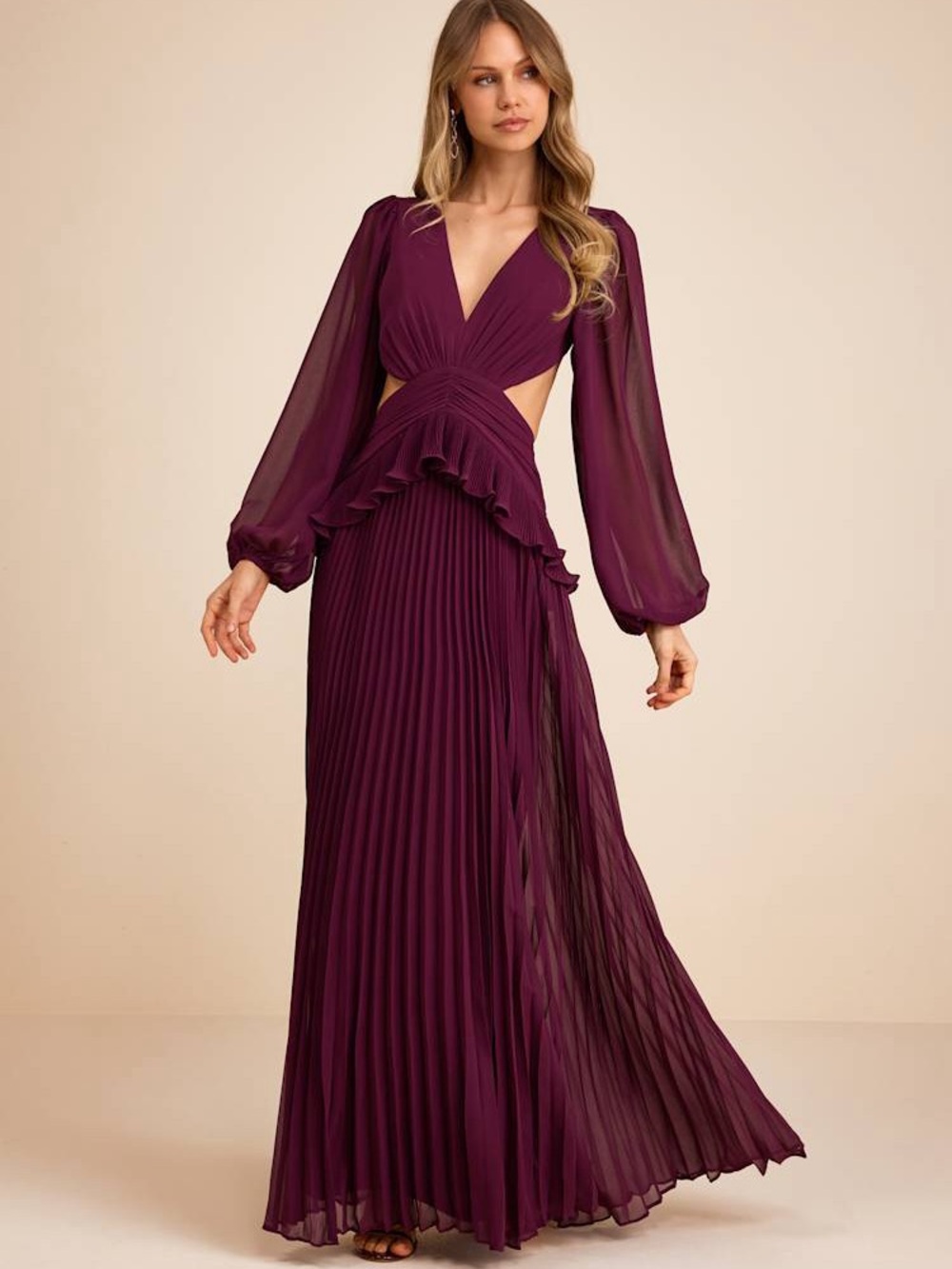 NWT Lulus Chaelyn Plum Long Sleeve Cutout Maxi Dress